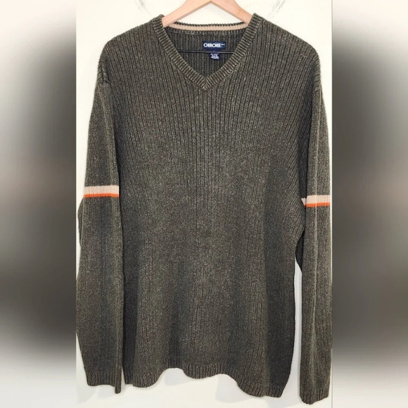 Olive Retro Y2K Mens V-Neck Sweater Size XL Indie Grandpa Grunge 90s Knit - Picture 1 of 6